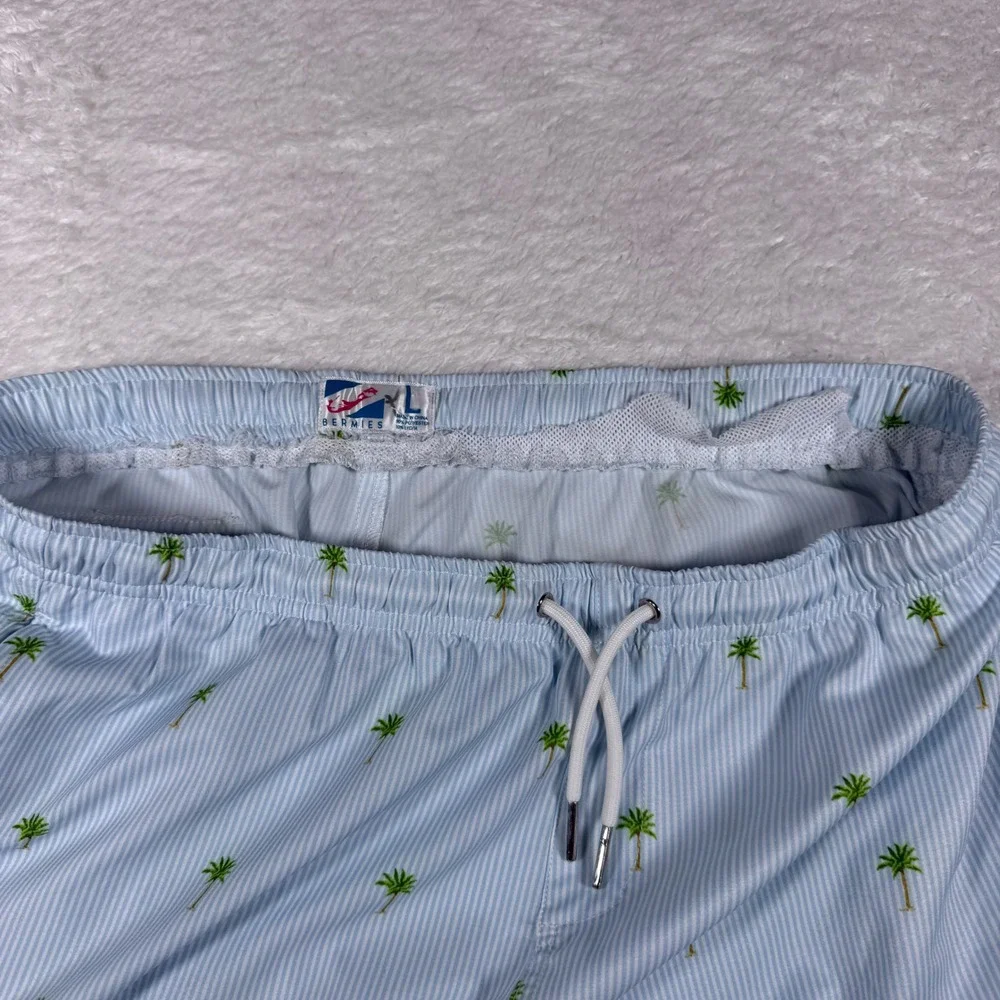 Bermies Swim Trunks Mens L Blue White Striped Palm Tree Stretch Mesh Lining